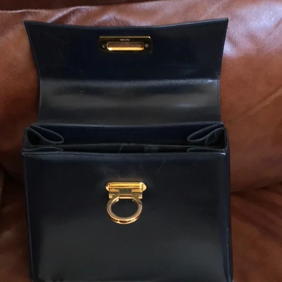 Authentic Salvatore Ferragamo Kelly Bag in Navy blue with gold hard ware - Picture 3 of 9